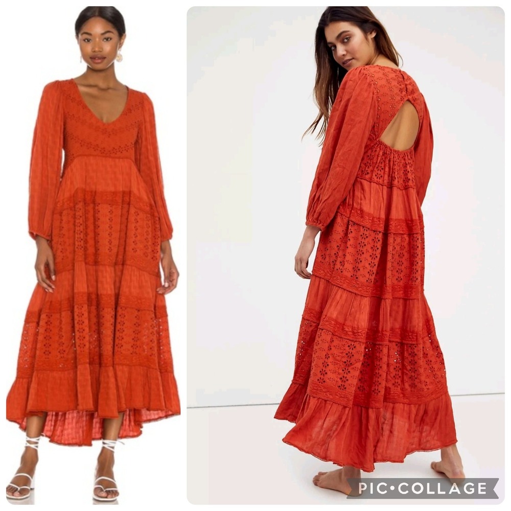 Free People Dress Small Maxi Mockingbird Eyelet Rust Orange Cutout Boho Festival